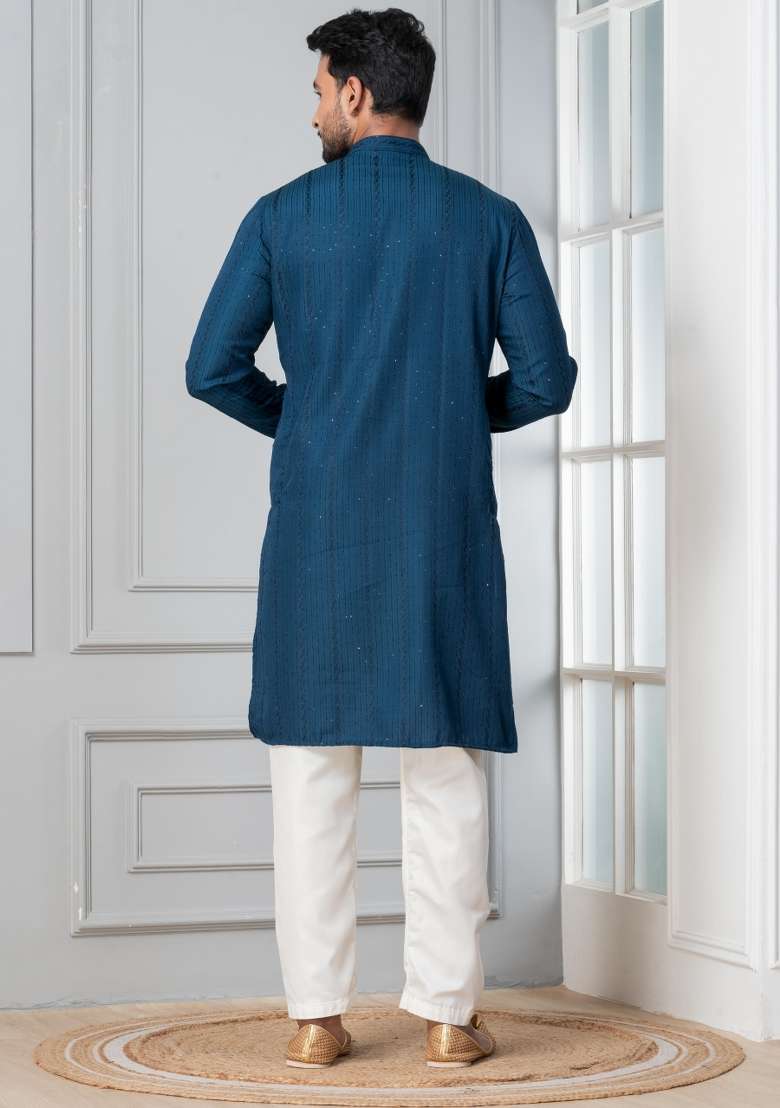 Blue Embroidery Silk Blend Kurta Pyjama Set For Men - Indya
