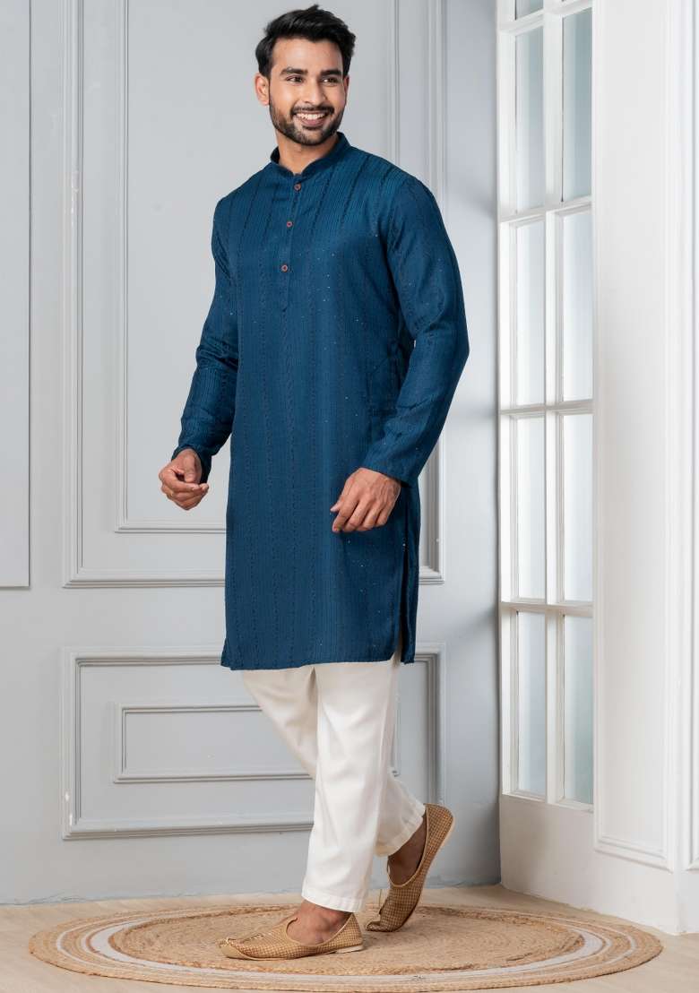 Blue Embroidery Silk Blend Kurta Pyjama Set For Men - Indya