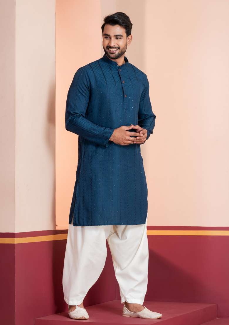 Blue Embroidery Silk Blend Kurta Patiala Set For Men - Indya