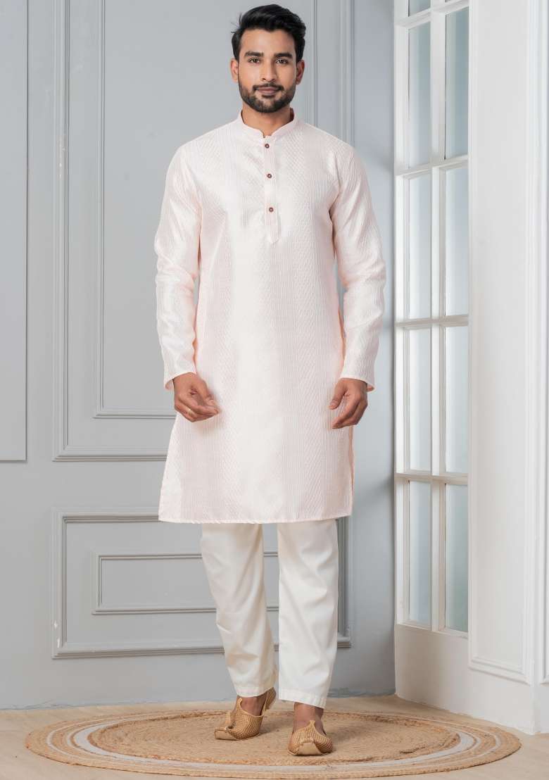 Peach Embroidery Silk Blend Kurta For Men - Indya