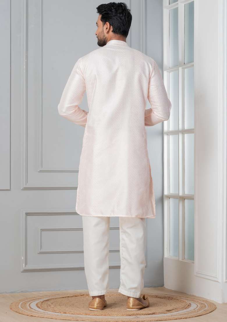 Peach Embroidery Silk Blend Kurta For Men - Indya