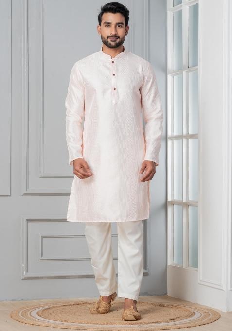 Peach Embroidery Silk Kurta For Men