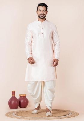 Peach Embroidery Silk Kurta Dhoti Set For Men