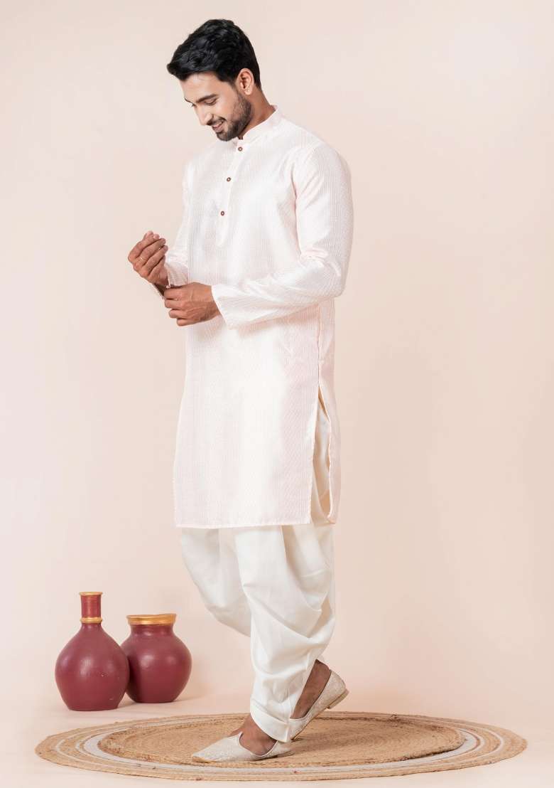 Peach Embroidery Silk Blend Kurta Dhoti Set For Men - Indya