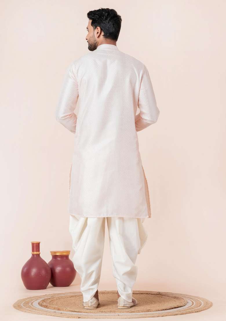 Peach Embroidery Silk Blend Kurta Dhoti Set For Men - Indya