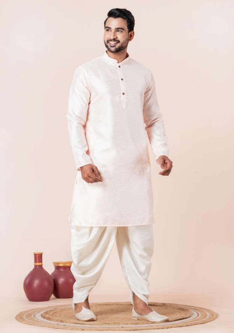 Peach Embroidery Silk Blend Kurta Dhoti Set For Men - Indya