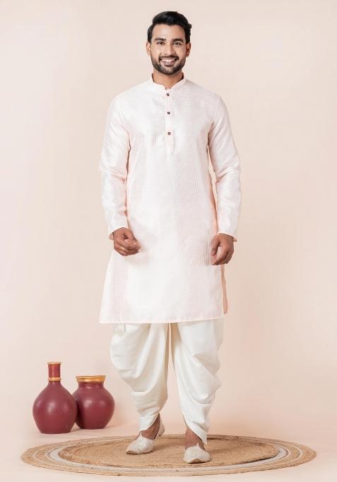 Peach Embroidery Silk Kurta Dhoti Set For Men
