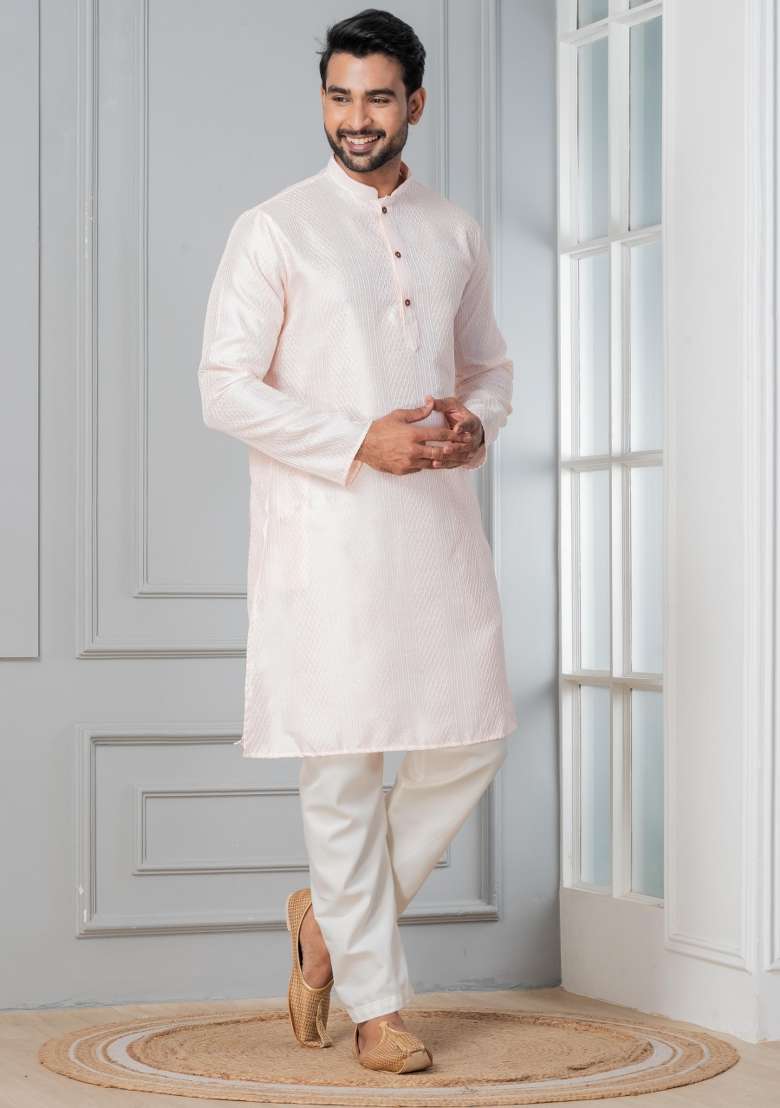 Peach Embroidery Silk Blend Kurta Pyjama Set For Men - Indya