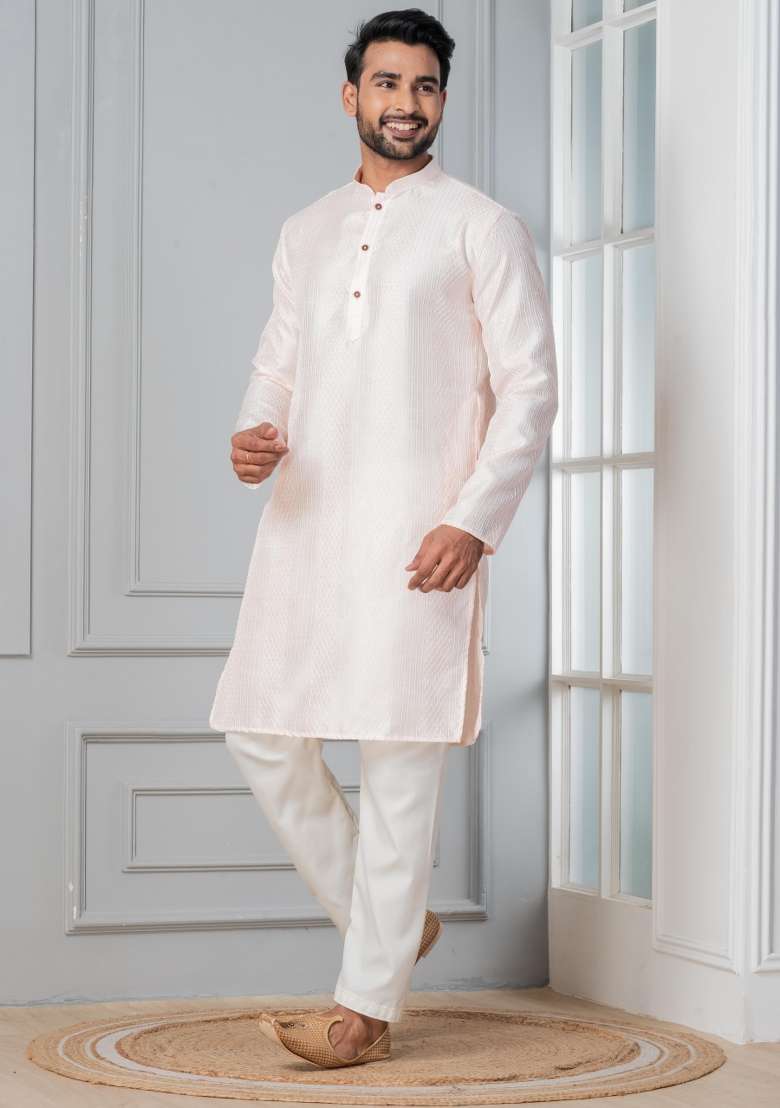 Peach Embroidery Silk Blend Kurta Pyjama Set For Men - Indya