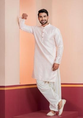 Peach Embroidery Silk Kurta Patiala Set For Men