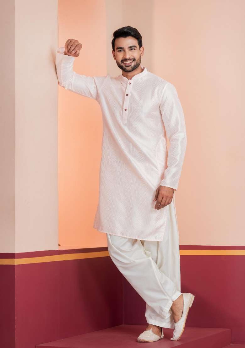 Peach Embroidery Silk Blend Kurta Patiala Set For Men - Indya