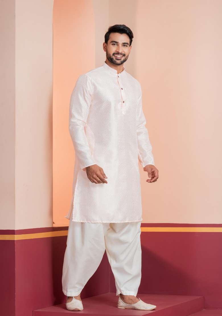 Peach Embroidery Silk Blend Kurta Patiala Set For Men - Indya