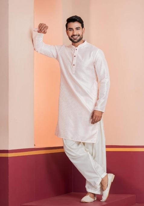 Peach Embroidery Silk Kurta Patiala Set For Men