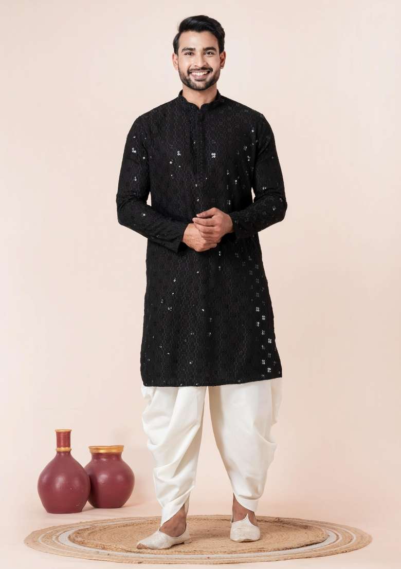 Black Embroidery Silk Blend Kurta Dhoti Set For Men - Indya
