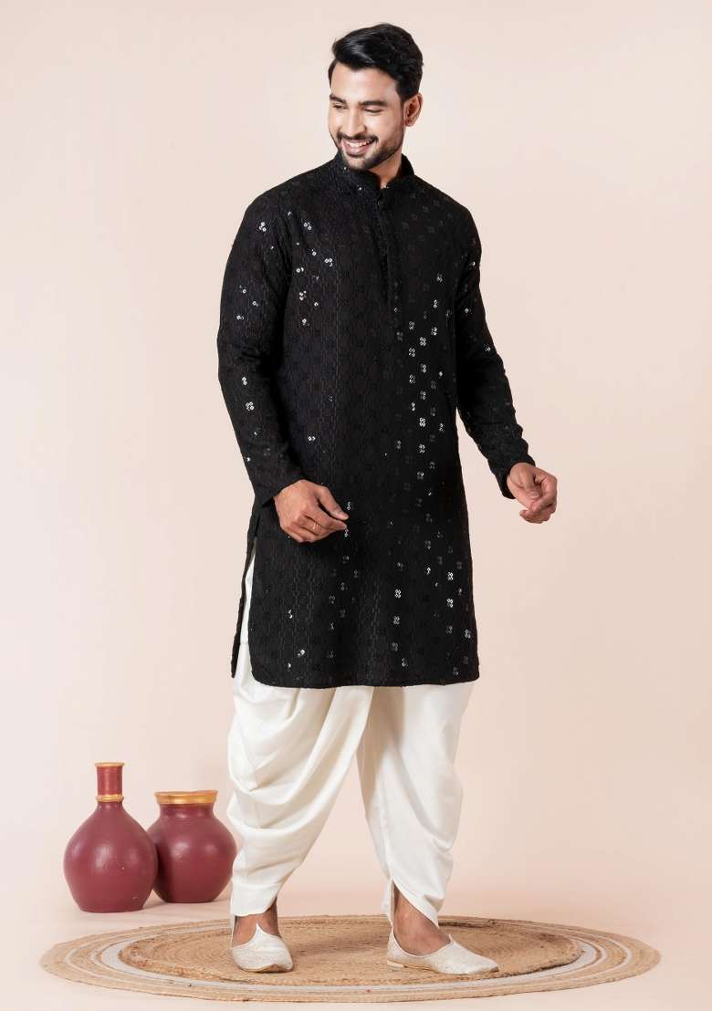 Black Embroidery Silk Blend Kurta Dhoti Set For Men - Indya