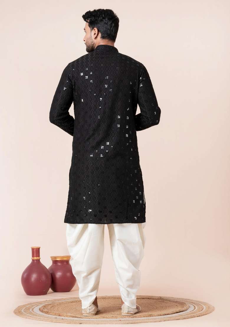 Black Embroidery Silk Blend Kurta Dhoti Set For Men - Indya