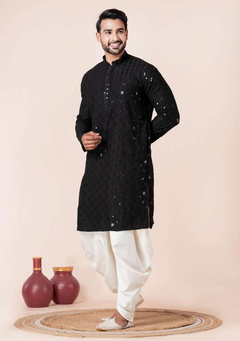 Black Embroidery Silk Blend Kurta Dhoti Set For Men - Indya