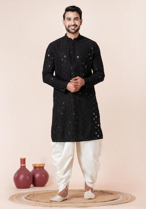 Black Embroidery Silk Kurta Dhoti Set For Men