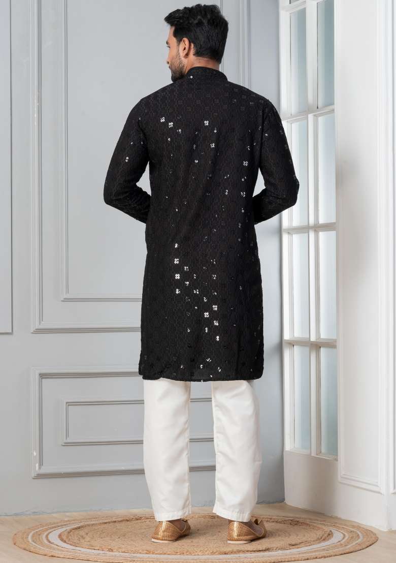 Black Embroidery Silk Blend Kurta Pyjama Set For Men - Indya