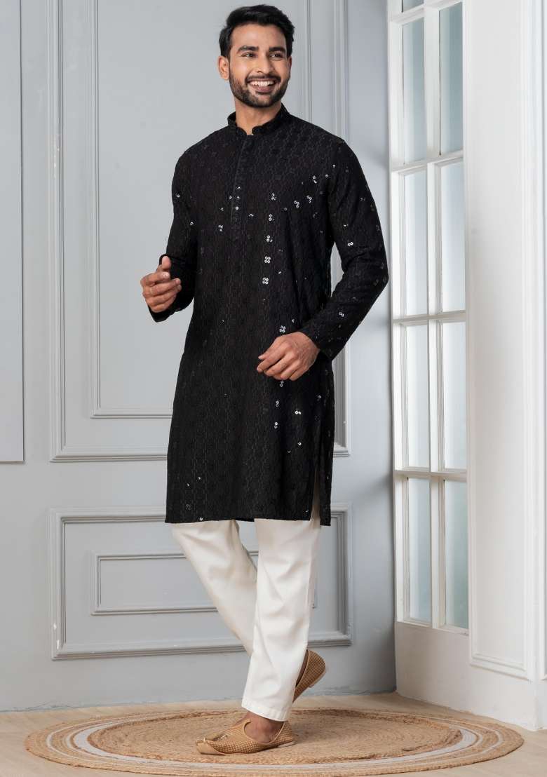 Black Embroidery Silk Blend Kurta Pyjama Set For Men - Indya