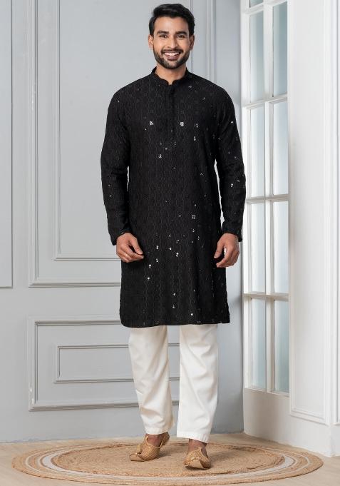 Black Embroidery Silk Kurta Pyjama Set For Men