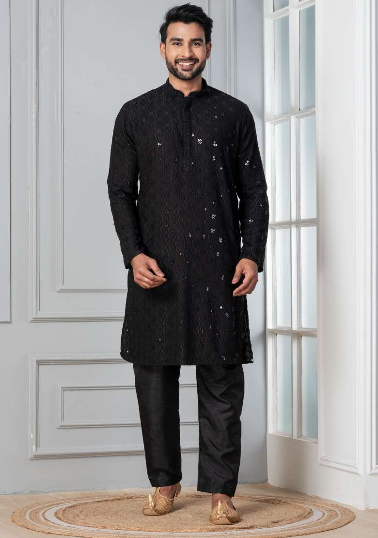 Black Embroidery Silk Blend Kurta Pyjama Set For Men - Indya