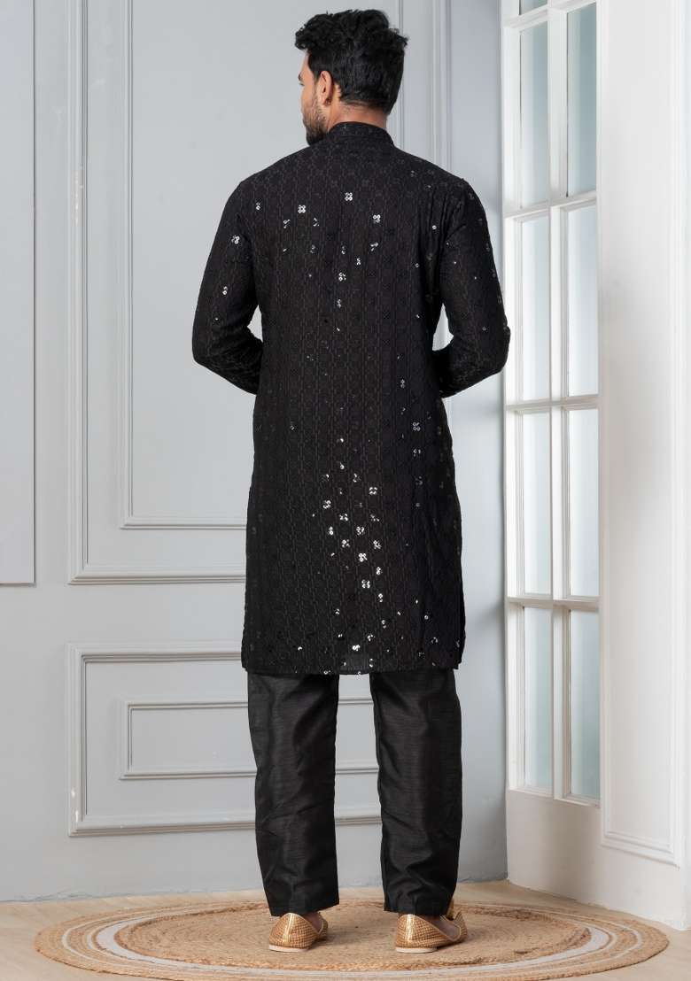 Black Embroidery Silk Blend Kurta Pyjama Set For Men - Indya