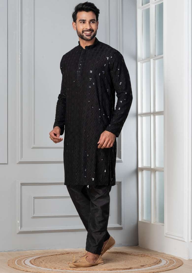 Black Embroidery Silk Blend Kurta Pyjama Set For Men - Indya