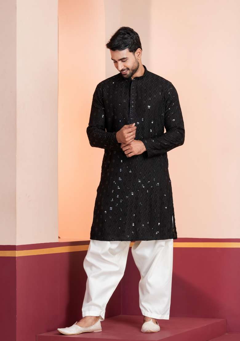 Black Embroidery Silk Blend Kurta Patiala Set For Men - Indya