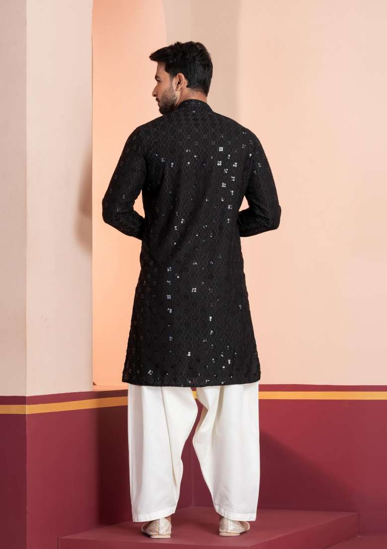 Black Embroidery Silk Blend Kurta Patiala Set For Men - Indya