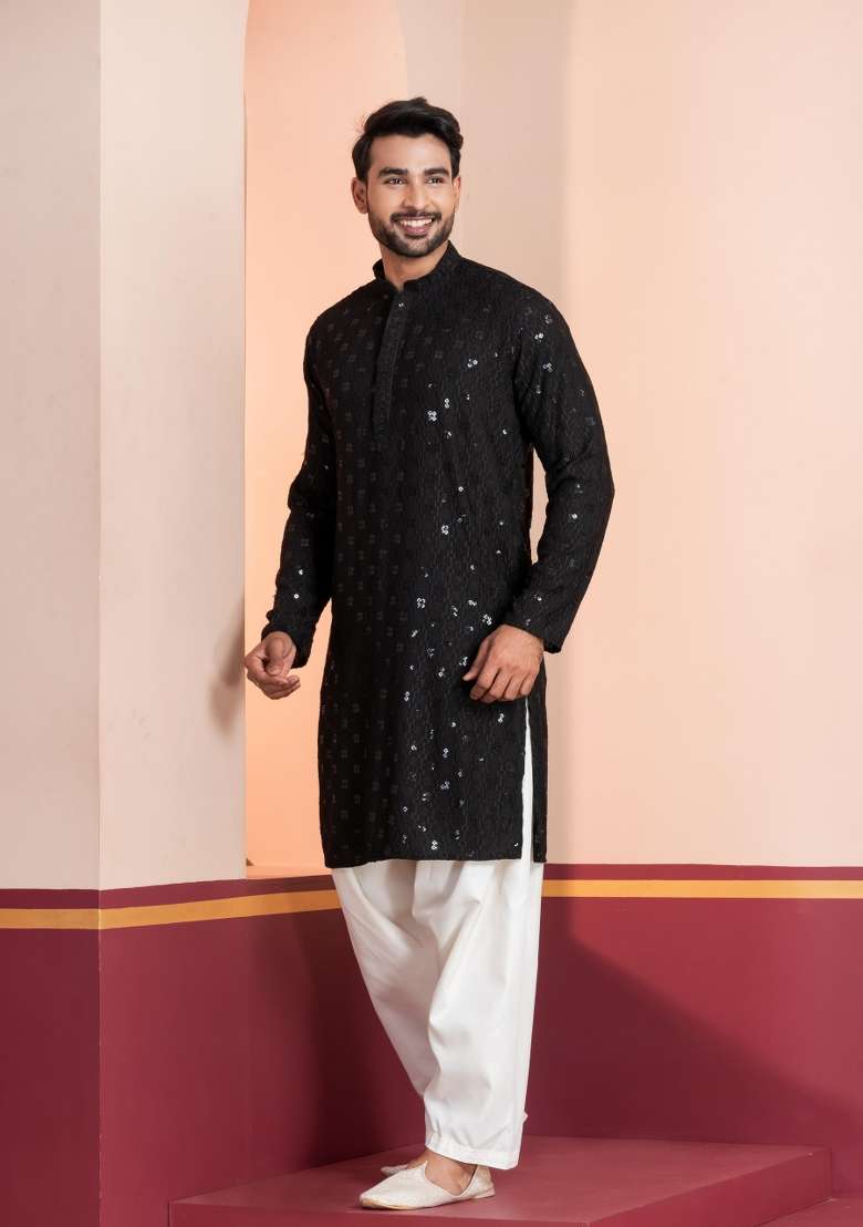 Black Embroidery Silk Blend Kurta Patiala Set For Men - Indya