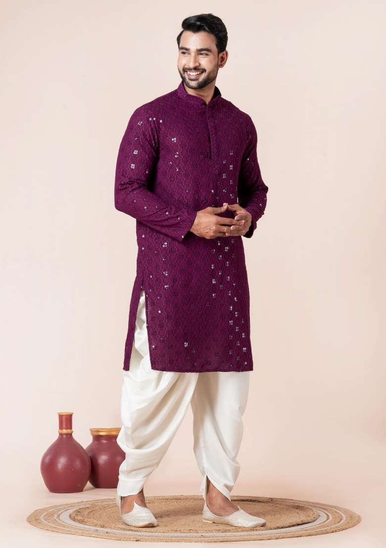 Purple Embroidery Silk Blend Kurta Dhoti Set For Men - Indya