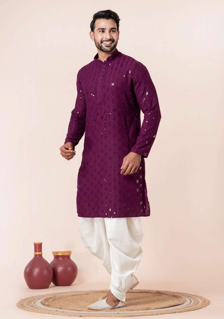 Purple Embroidery Silk Blend Kurta Dhoti Set For Men - Indya