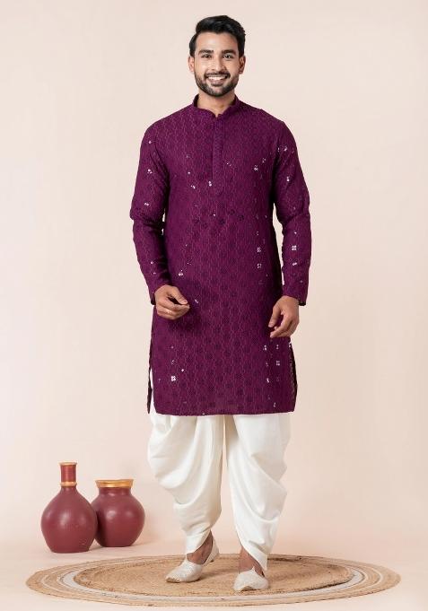 Purple Embroidery Silk Kurta Dhoti Set For Men