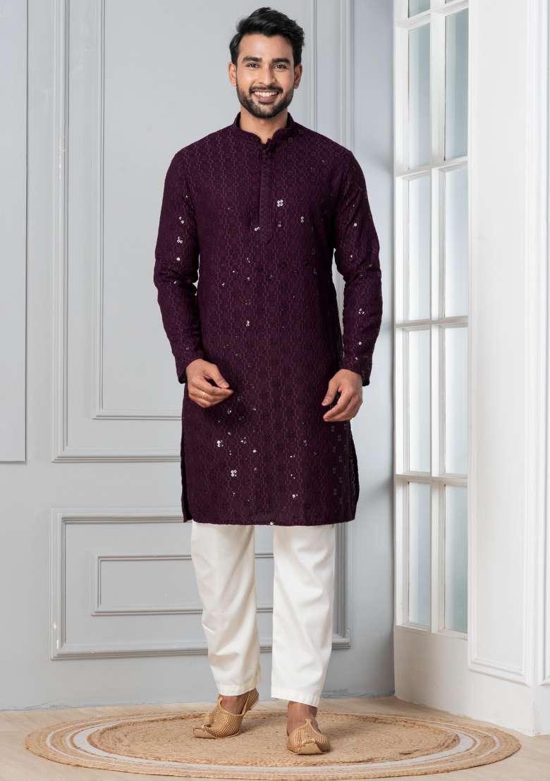 Purple Embroidery Silk Blend Kurta Pyjama Set For Men - Indya
