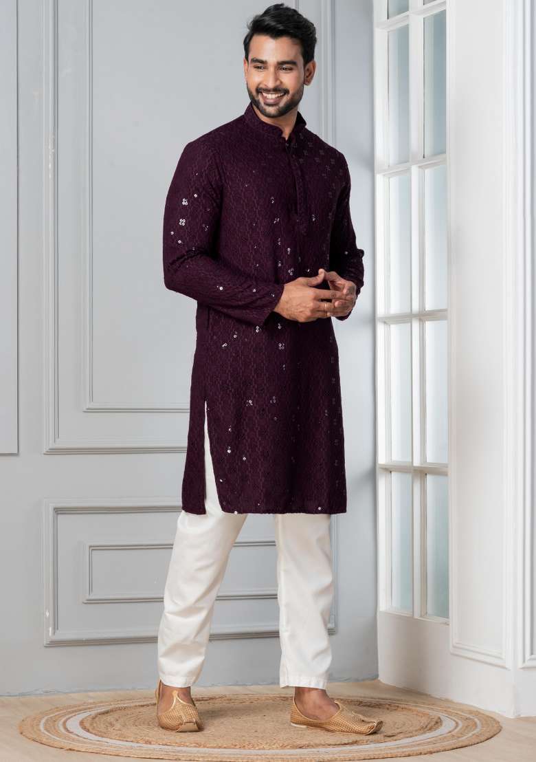 Purple Embroidery Silk Blend Kurta Pyjama Set For Men - Indya