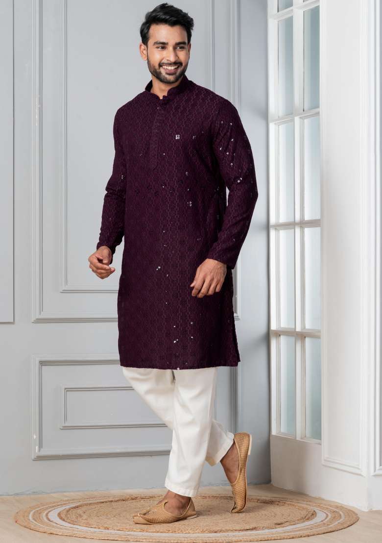 Purple Embroidery Silk Blend Kurta Pyjama Set For Men - Indya