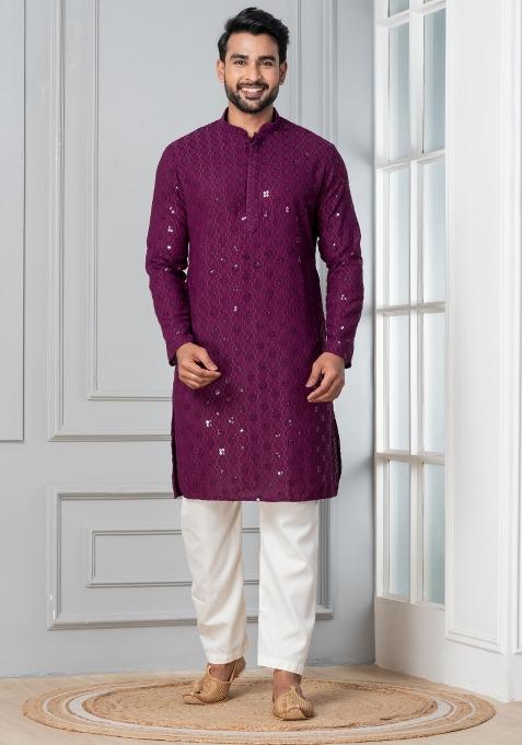 Purple Embroidery Silk Kurta Pyjama Set For Men