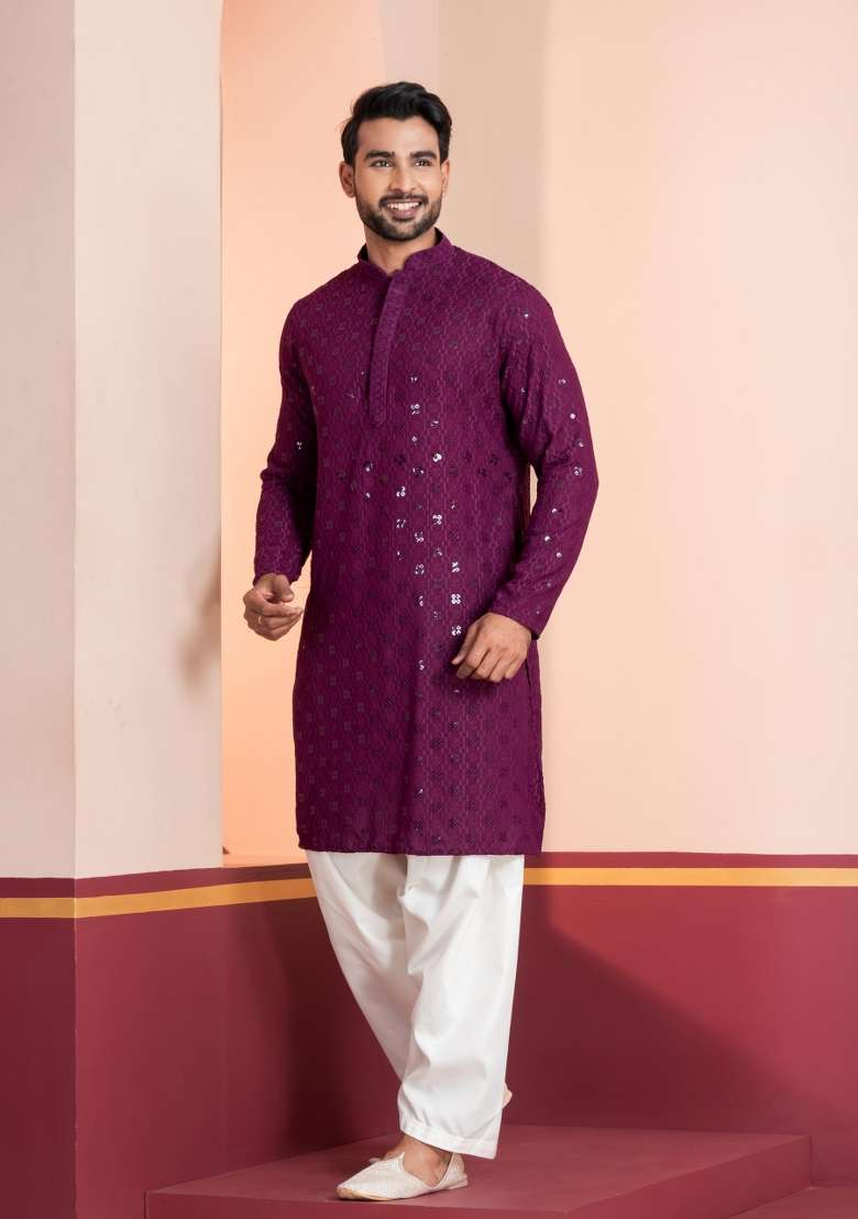 Purple Embroidery Silk Blend Kurta Patiala Set For Men - Indya