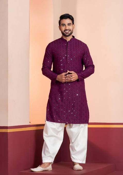 Purple Embroidery Silk Kurta Patiala Set For Men