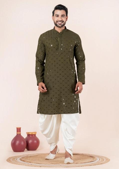 Olive Embroidery Silk Kurta Dhoti Set For Men