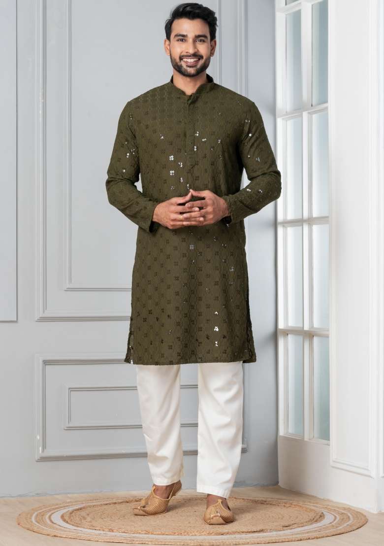 Olive Embroidery Silk Blend Kurta Pyjama Set For Men - Indya
