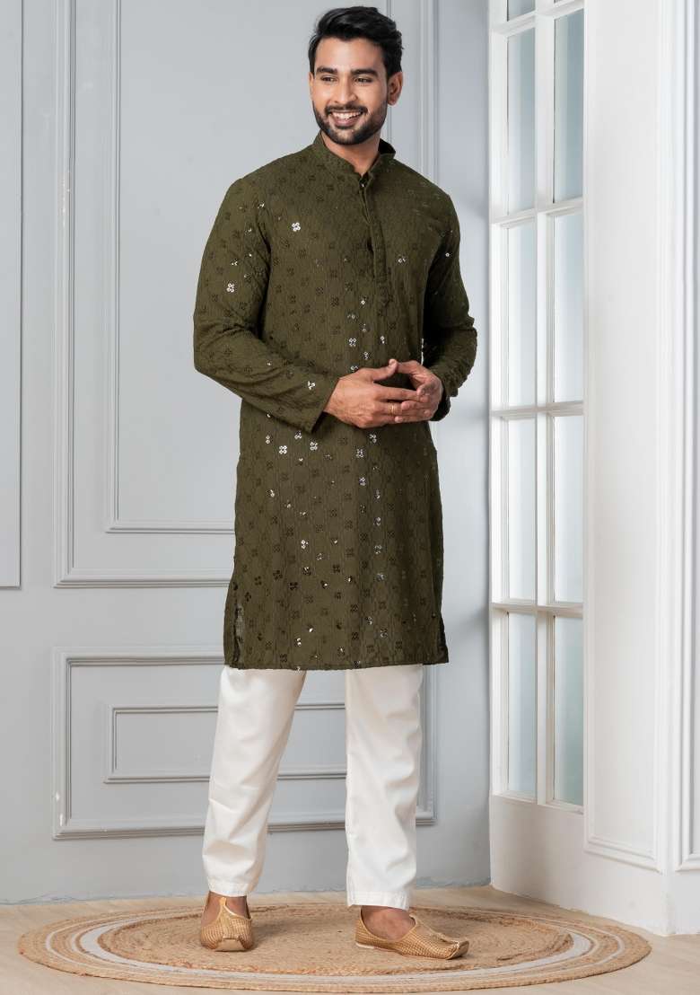 Olive Embroidery Silk Blend Kurta Pyjama Set For Men - Indya