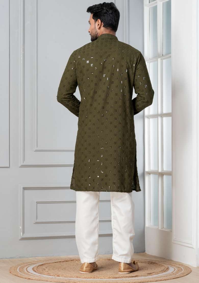 Olive Embroidery Silk Blend Kurta Pyjama Set For Men - Indya