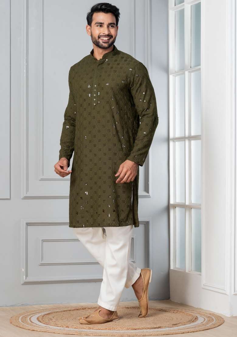 Olive Embroidery Silk Blend Kurta Pyjama Set For Men - Indya