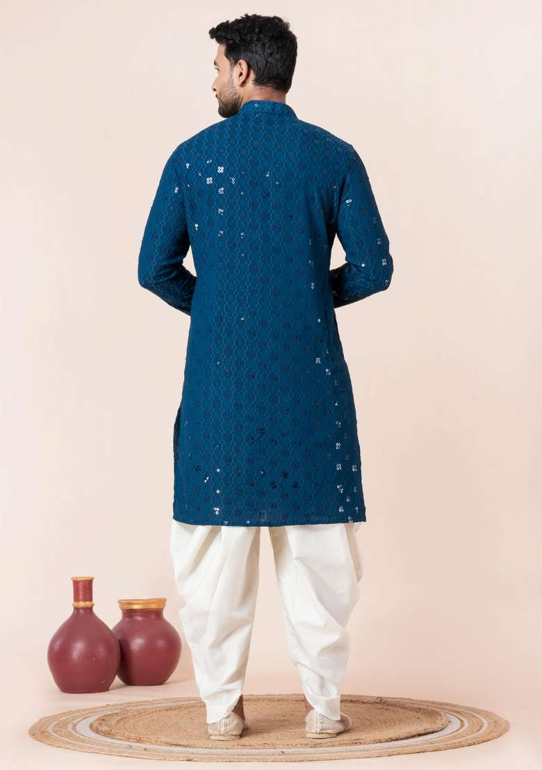 Blue Embroidery Silk Blend Kurta Dhoti Set For Men - Indya