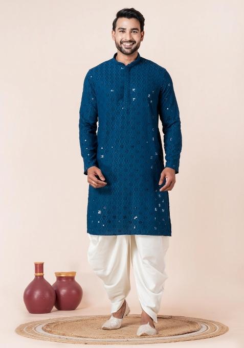 Blue Embroidery Silk Kurta Dhoti Set For Men