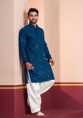 Blue Embroidery Silk Kurta Patiala Set For Men