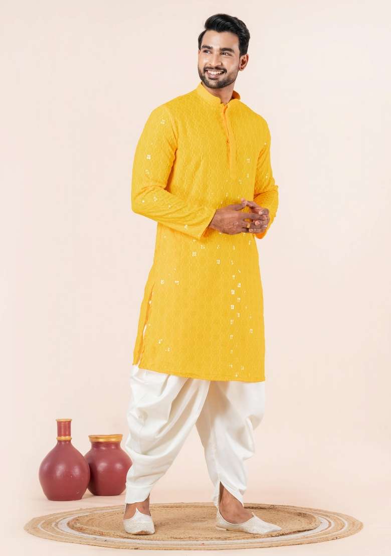 Yellow Embroidery Silk Blend Kurta Dhoti Set For Men - Indya