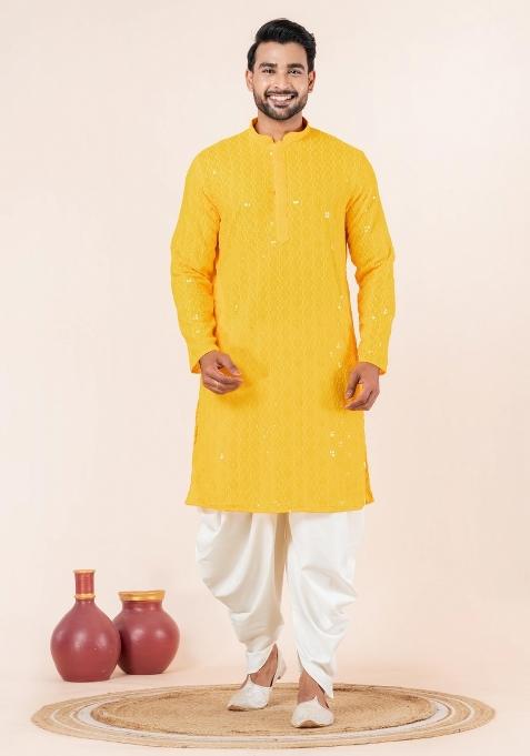Yellow Embroidery Silk Kurta Dhoti Set For Men